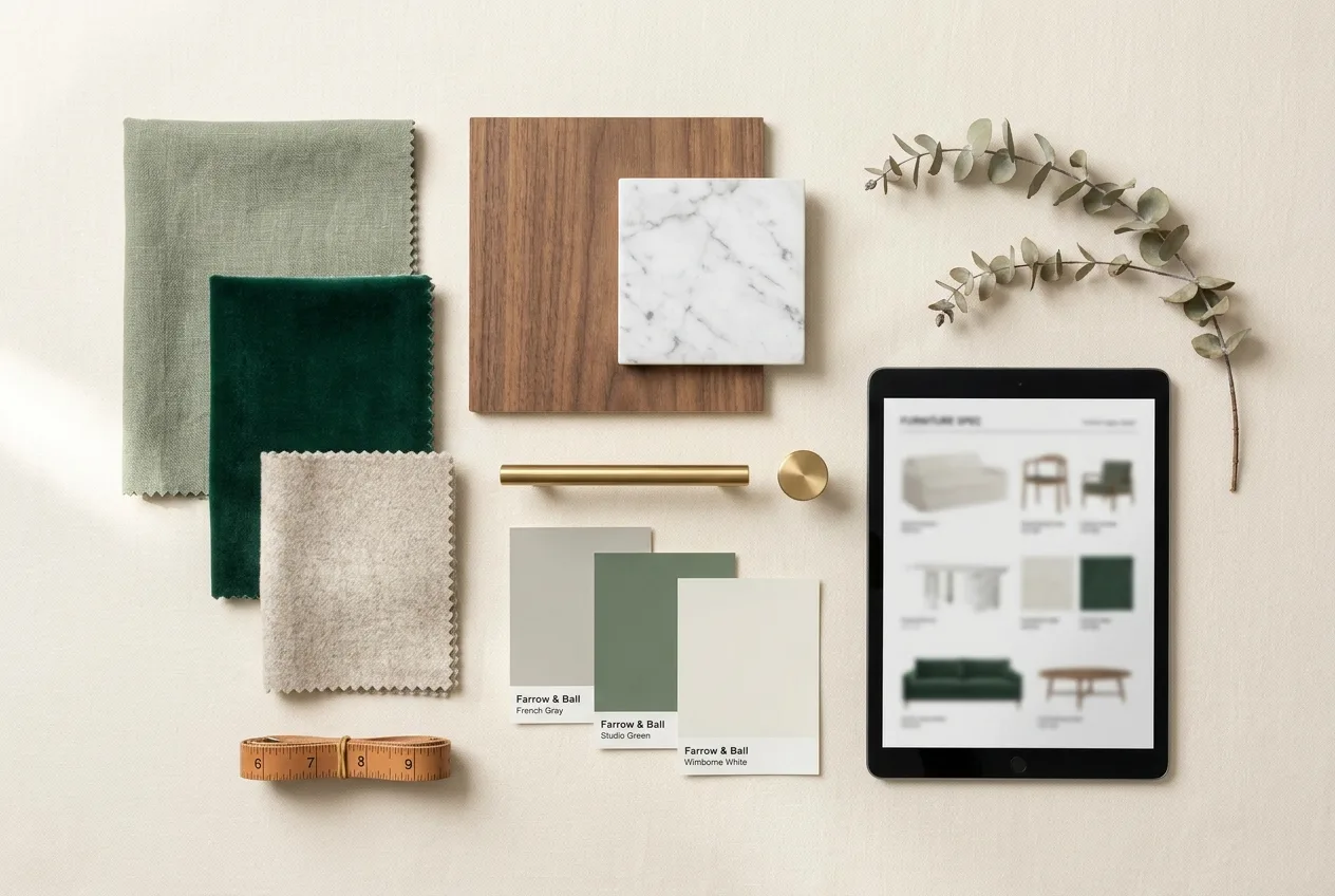 FF&E moodboard with materials and a spec sheet