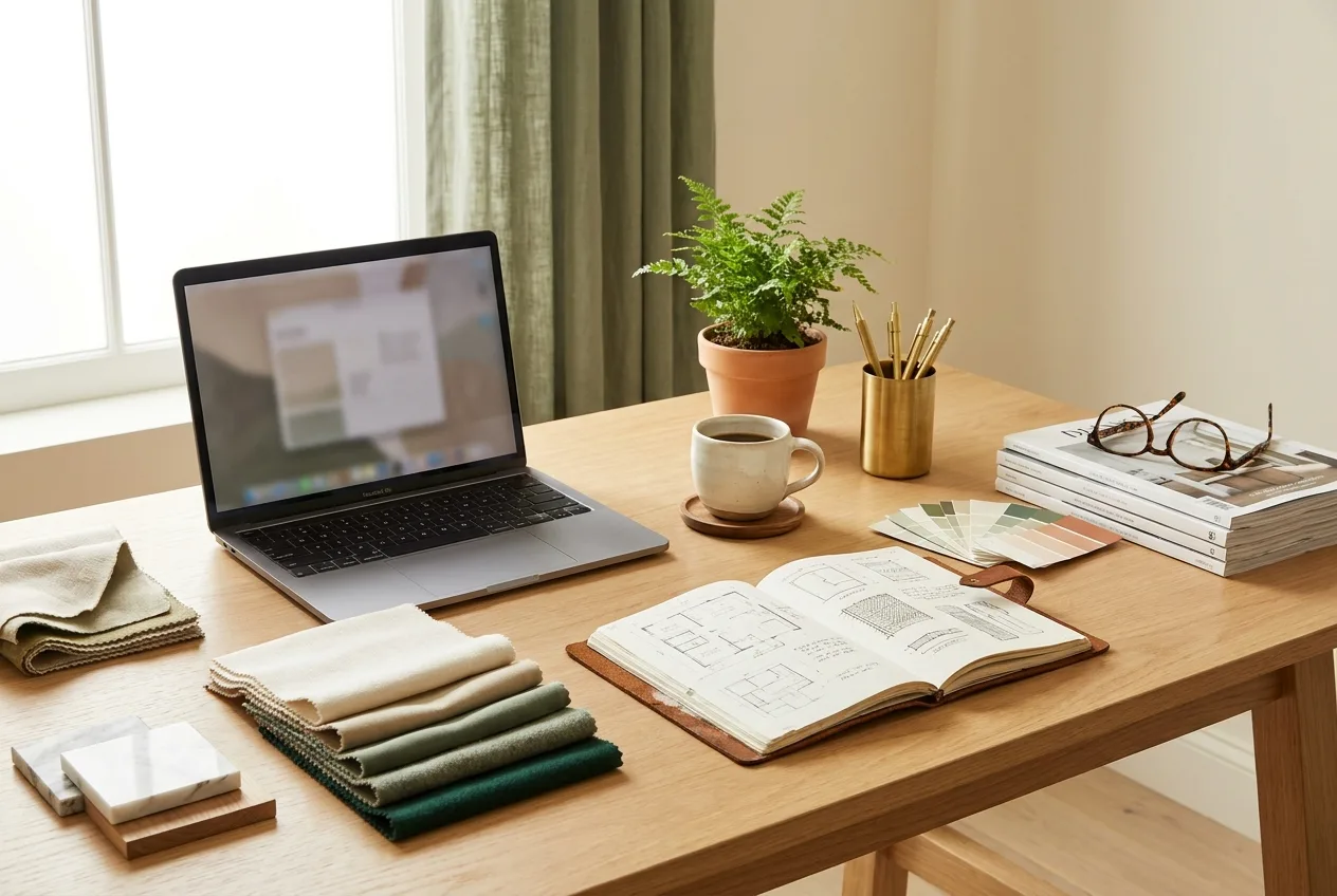 An interior designer's desk with material swatches, sketches and a laptop